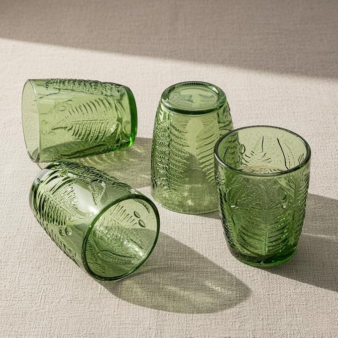Green Drinking Glasses Set of 4, 10 oz Glass Cups, Vintage Fern Glassware | Hand-Pressed, Dishwasher Safe, Boho Leaf-Textured Drinkware, Embossed Lowball Tumblers for Water, Retro Kitchen Gift - Image 2