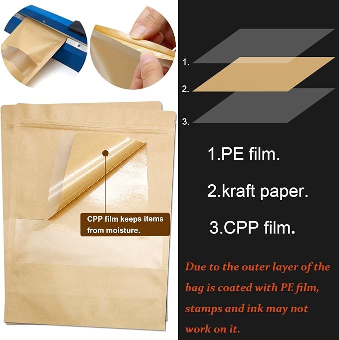 50 Pack Kraft Resealable Bags with Window for Storage (2.5 x 4.3 Inches) | Brown Zipper-Lock Heat Sealable Stand Up Pouch Bags with Matte Window and Tear Notch for Small Business Home Use - Image 6