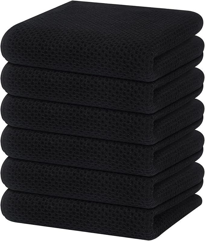 Homaxy 100% Cotton Waffle Weave Kitchen Dish Towels 6-Pack, Black | 13 x 28 Inches, Ultra Soft Absorbent Dish Towels, Quick Drying Cleaning Towels by Homaxy