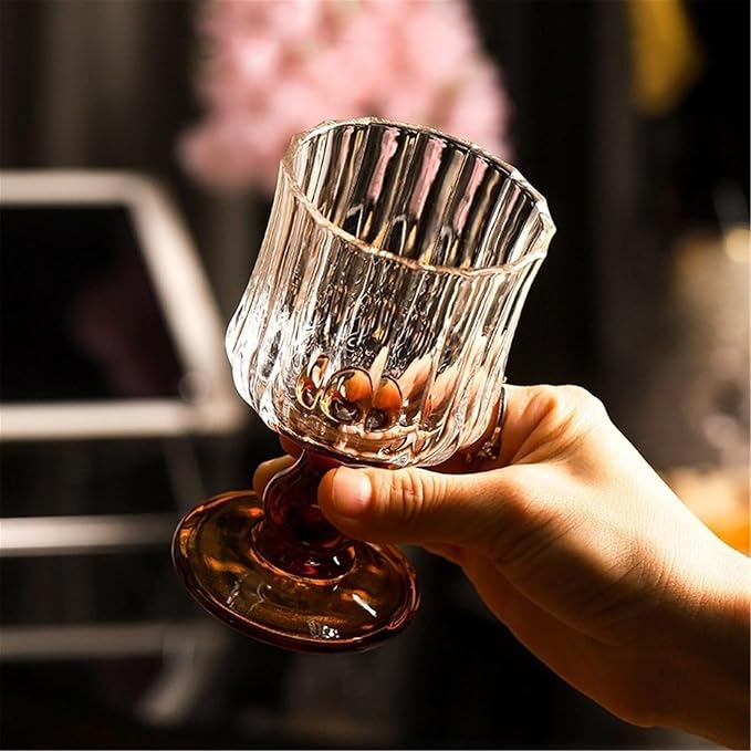 Tea Cup 6 oz Amber Footed Drinking Glasses Embossed Glassware for Cocktails - Image 4