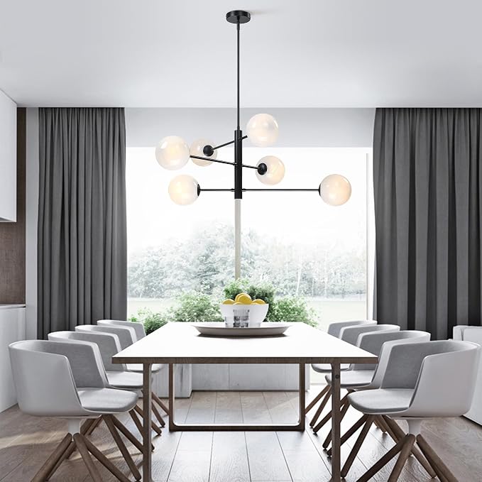 Mid Century 6-Lights Globe Milky Handcrafted Marble Glass Chandelier for Living Room Modern Black Chandelier Light Fixture Dining Room Chandelier Over Table Foyer Bedroom Kitchen Island - Image 5