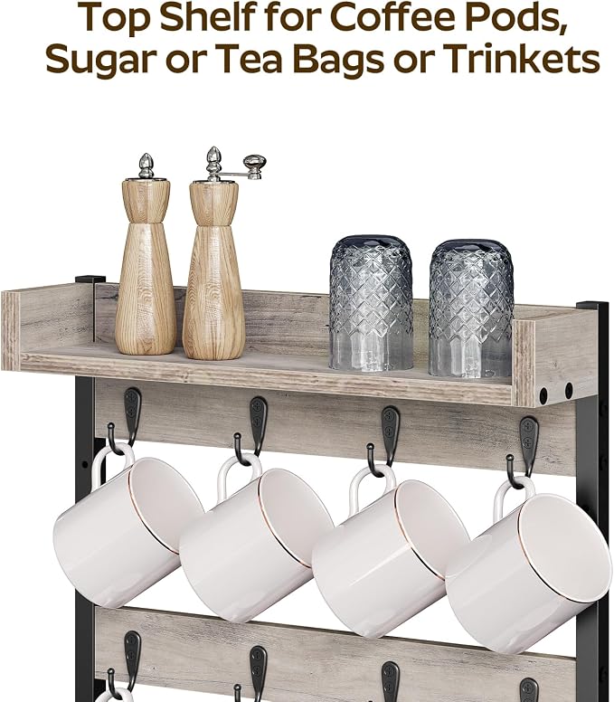 YATINEY Coffee Mug Holder Stand, 3 Tier Mug Tree Rack, Hanging 12 Cups, with Top Shelf, for Kitchen, Dining Room, Living Room, Cafe, Greige and Black MH42BG - Image 3