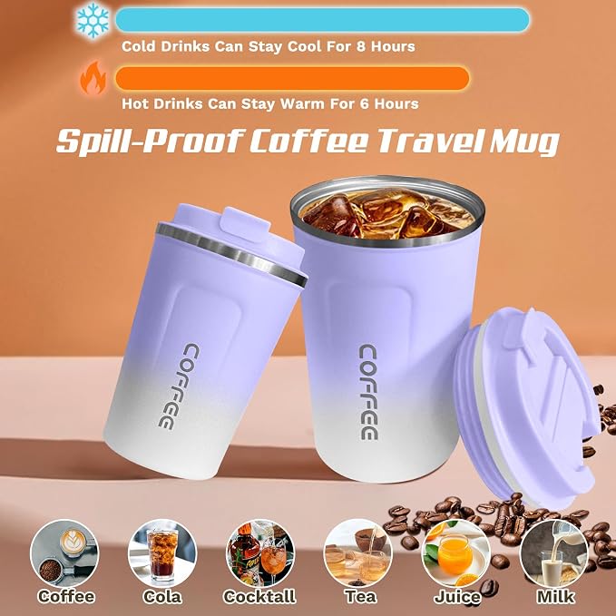 SPLMIFA Travel Coffee Mug Leak-Proof, Reusable Coffee Cups with Lid, Stainless Steel Vacuum Insulated Coffee Tumblers, Thermal Insulation Cup for Men & Women Hot & Cold Drinks(2nd-Purple White, 12OZ) - Image 2