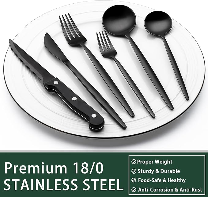 EWFEN 24-Piece Black Silverware Set with Steak Knives, Black Flatware Set for 4, Food-Grade Stainless Steel Tableware Cutlery Set, Mirror Finished Utensil Sets for Home Restaurant, Long Edge - Image 5