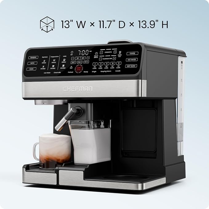 Chefman Coffee Maker Espresso Machine Combo, 8-in-1 Coffee Station with Automatic Milk Frother for Lattes, Cappuccinos, Macchiatos, 20-Bar Pump, 12-Cup Carafe & 3L Water Tank - Black - Image 9