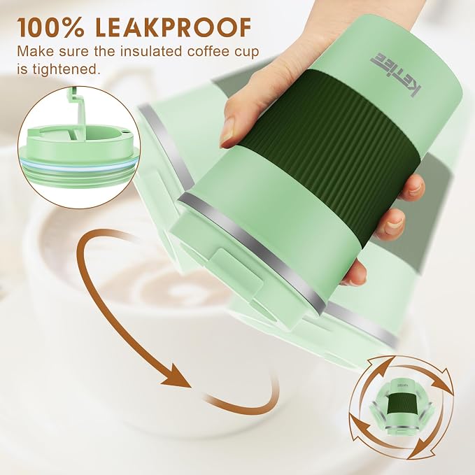 KETIEE 12oz Travel Mug, Insulated Coffee Cup with Leakproof Lid, Travel Coffee Mug Vacuum Stainless Steel Double Walled Reusable Tumbler for Hot and Cold Drinks (Green) - Image 4