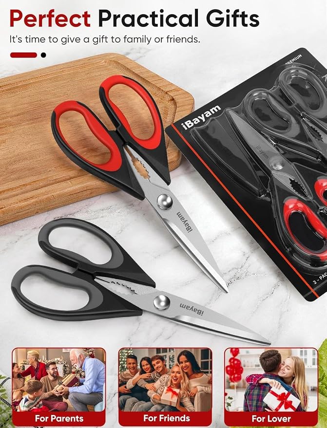 iBayam Kitchen Scissors Shears All Purpose Heavy Duty, Protective Sheath | 2-Pack, Ultra-Sharp Stainless Blades, Soft Comfort-Grip, Dishwasher Safe, Cutting Food Cooking Meat Poultry Kitchen Utensils - Image 5