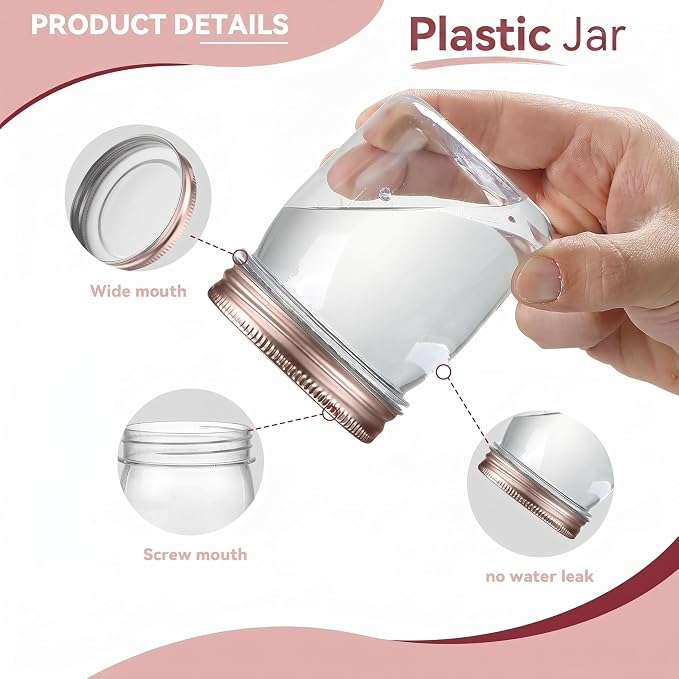 novelinks 8 oz Plastic Mason Jars and Clear Plastic Jars with Lids 8 oz | 24 Pack, Rose Gold, Plastic Containers with Lids, Small Mason Jars, Clear Jars Bulk, Spice Jars, Slime Jars, Mini Jars - Image 3