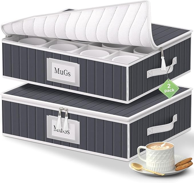 Mug and Cup Storage Box with Dividers - 2 Pack China Storage Bin Containers Holds 24 Glassware, Stackable Coffee Mug Organizer Bin and Tea Cup with 2 Metal Zipper,Label and Handles (Grey) by VERONLY
