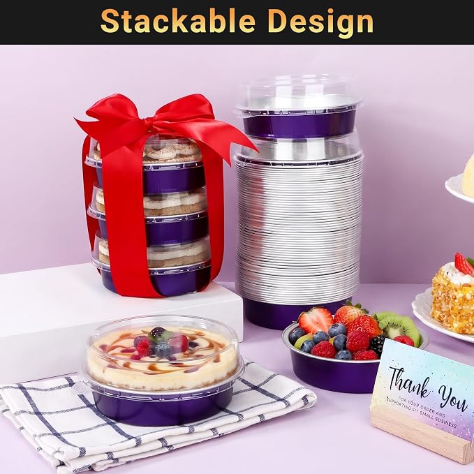 Beasea 7.3oz Cheesecake Pan with Lids, 20 Pack 4 Inch Round Aluminum Foil Disposable Tart Tins, Cupcake Container with Lids Mini Pie Tart Pans Baking Cups For Pizza Quiche - Violet Purple - Image 4