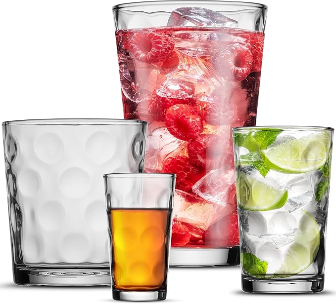 Melrose 24-Piece Family Drinking Glasses Set - Everyday Drinking Glassware Set with Highball Cooler, DOF, Juice Glasses and Shot Glasses - 6 Each Free Replacement for Damaged Glasses During Shipping by Unknown