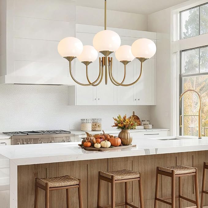 5 Light White Globe Chandelier Small Milk Glass Chandelier Gold Sputnik Ceiling Light Fixture MCM Dining Room Light Fixture Vintage Kitchen Pendant Lights - Image 4