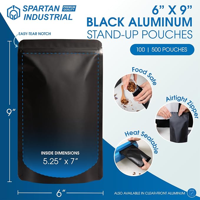 6" X 9" Matte Black Stand-Up Mylar Bags - 500 Count Smell-Proof Bags | With Heat Sealable Opening and Resealable Zipper - Spartan Industrial - Image 2