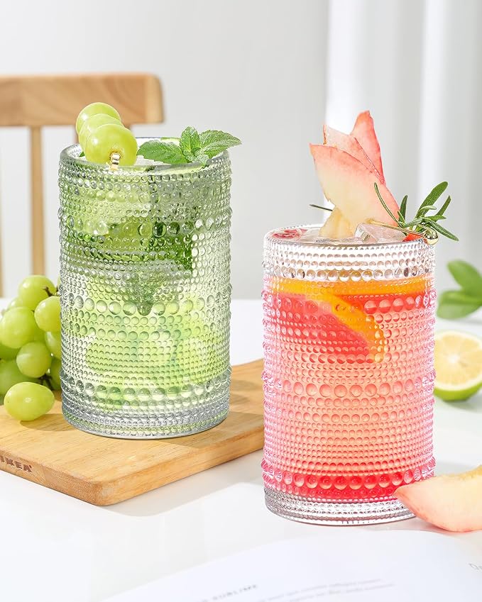 Large Capacity Glasses Drinking Set of 12, 15 oz Vintage Glassware Hobnail Glass Cups sets for Kitchen, Embossed Cocktail Glasses Set with Straws, for Beer, Juice, Cocktail, Whiskey, Milk - Image 2