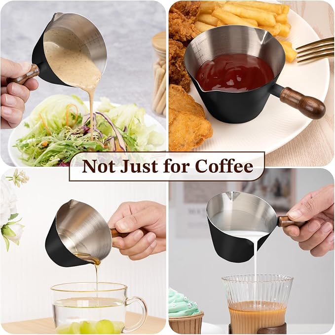 Amrules Espresso Cup, 6.8 oz/200 ml Stainless Steel Coffee Shot Measuring Cup with Wood Handle, Double V-Shaped Mouth and Clear Scale for Cappuccino Barista Coffee Bar Accessories, Black - Image 7