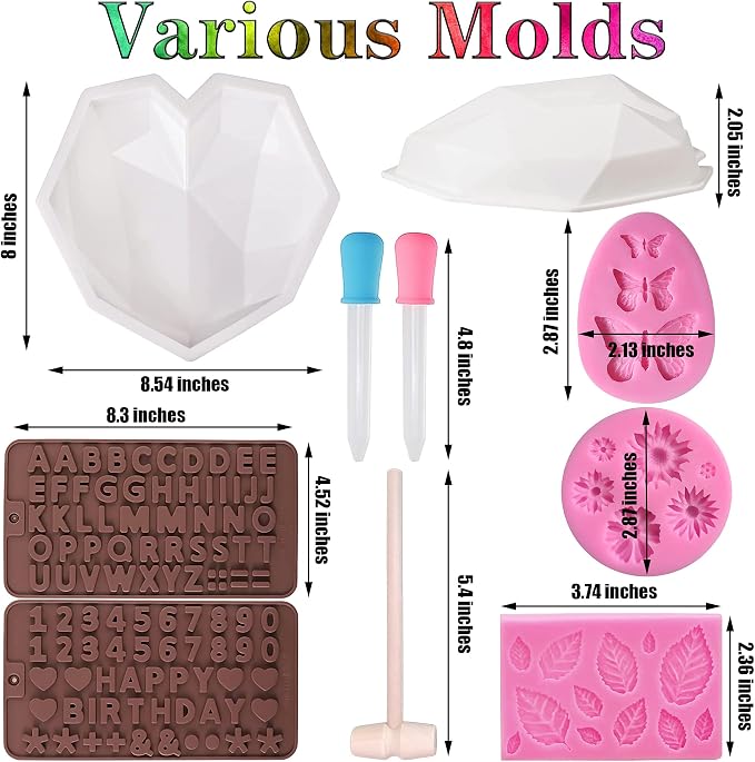 Chocolate Heart Molds Set | Breakable Heart Mold with Hammers, Letter and Number, Leaf Daisy Flower Butterfly Mold for DIY Cake Mousse Dessert - Image 2
