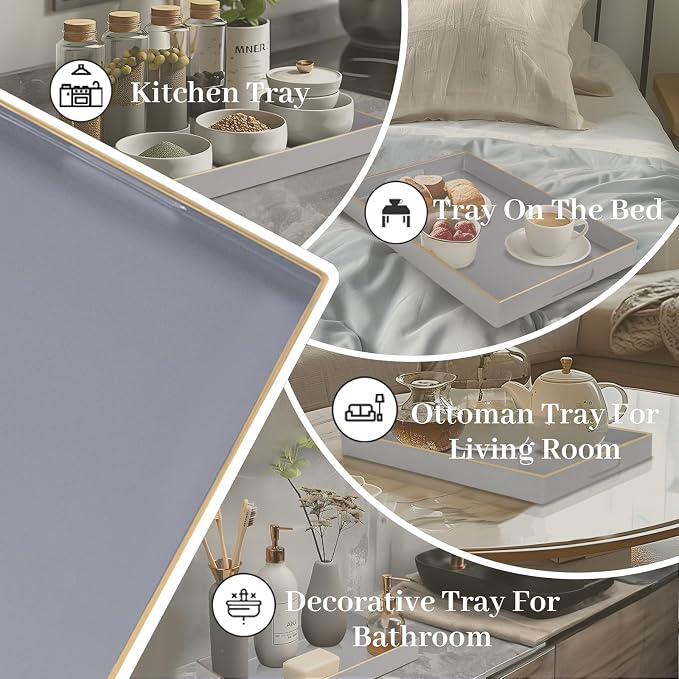 MAONAME Gray Serving Tray with Handles, Modern Grey Decorative Tray for Coffee Table, Plastic Rectangular Gray Trays for Ottoman, Bathroom, Decor, 15.8” x 10.2” x 1.4" - Image 7