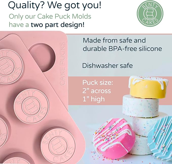 Benty Cakes – The Original CakePuck Mold Set – Better than a Cake Pop! Make Chocolate Covered Desserts – BPA Free Silicone – Includes 1 Mold Set, 1 Plastic Tray and 1 Scraper – Pink