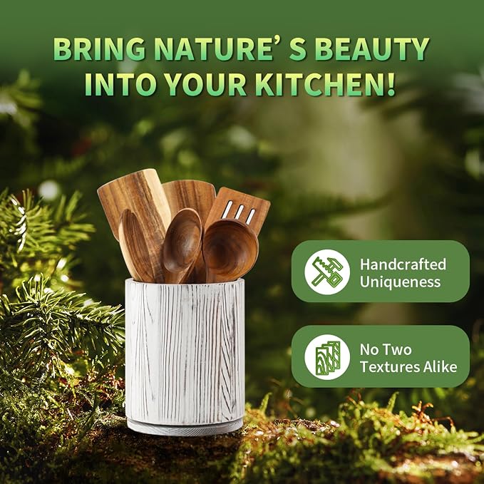 Distressed White Utensil Holder, 360° Rotating 7.3 in Kitchen Organizer | Farmhouse countertop decor. 360° rotating base holds spatulas, ladles, tongs, and cooking tools. Distressed white finish. - Image 7