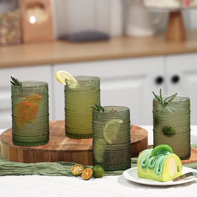 Moretoes 12 Pack 15 Oz Green Large Hobnail Drinking Glasses Set | Vintage Glassware,Embossed Glass Cups,Water Tumbler,Highball Glasses For Beer, Juice And Various Mixed Drinks - Image 5