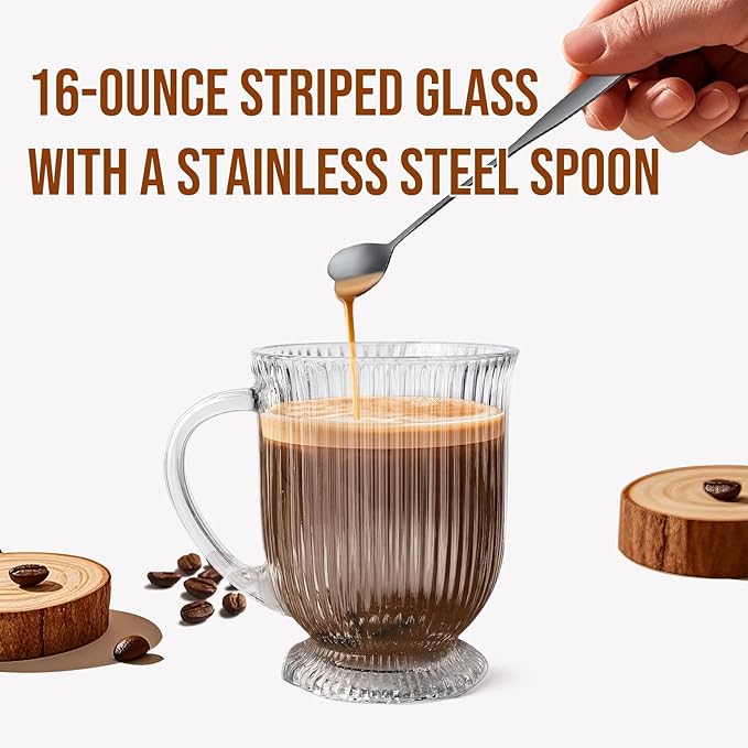 Ribbed Clear Glass Coffee Mugs Set of 4 with Spoon,16 Oz Large Glass Tea Cups with Handle Diner Latte Cups with Footed Base for Hot Beverages,Cappuccino & Espresso Cups, Stylish Drinkware