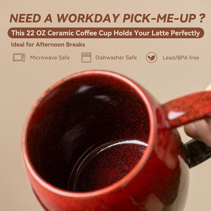 Handmade 22oz Ceramic Coffee Mug, Ergonomic Large Handle, Ideal Gift for Coffee Lovers, Microwave & Dishwasher Safe (Minute-Red&Green) - Image 3