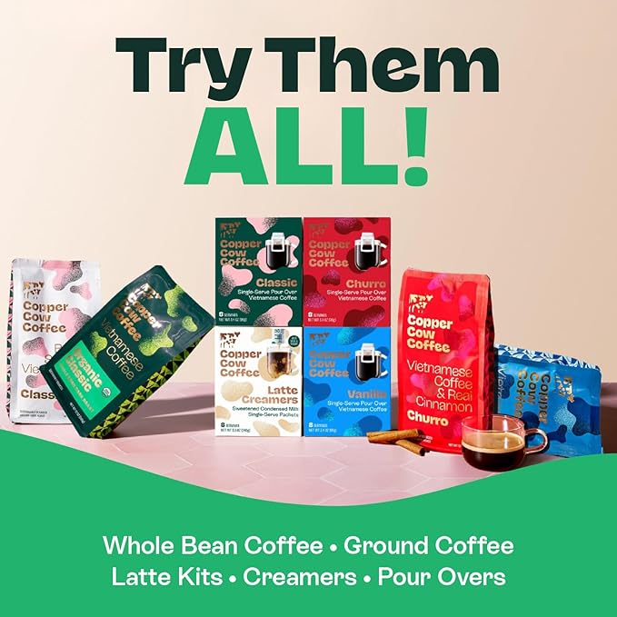 Copper Cow Coffee Premium Pour Over Single-Serve Vietnamese Coffee Pouches (16 pack) | Churro | Dark Roast | Flavored with Real Cinnamon | Convenient Vietnamese Ground Coffee Packets, Travel Friendly