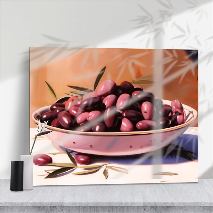 Warm Sunlit Purple Olives in Pink Bowl Framed Art,Rich Modern Still Life Food for Cozy Kitchen or Dining Room Home Decor,12''x18'' Framed Modern Canvas Wall Art by Unknown
