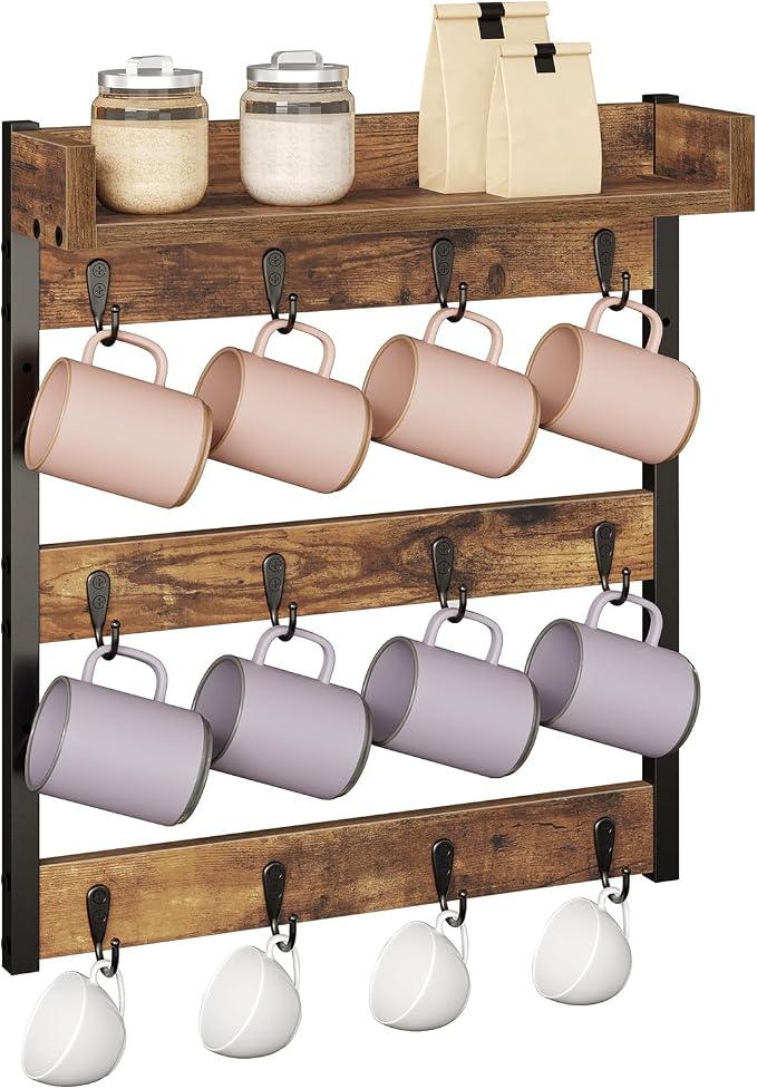 YATINEY Coffee Mug Holder Stand, 3 Tier Mug Tree Rack, Hanging 12 Cups, with Top Shelf, for Kitchen, Dining Room, Living Room, Cafe, Rustic Brown MH42BR - Image 7