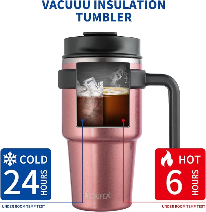 20 oz Insulated Travel Coffee Mug Tumbler with Handle and Straw | Leakproof Stainless Steel Coffee Cup with Lid, Double Wall Vacuum Ice Thermal Cup, Rose Gold - Image 4