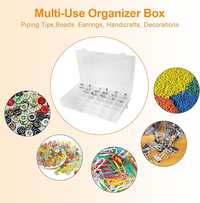 2 Pack Piping Tip Organizer Box, 36 Grids Storage Container with Adjustable Dividers, Made with Clear Plastics, Compartment Container for Cake Decorating Tools, Baking Tools, Jewelry, Beads and Crafts
