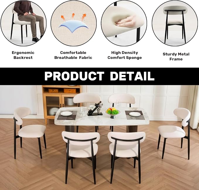 UVV Dining Chairs Set of 6, Metal Kitchen Chairs with Modern Fabric Upholstered for Dining Room, Beige - Image 8
