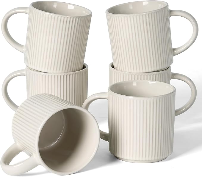 famiware Coffee Mug Set for 6, Star 12 oz Catering Mugs Cup Set with Handle for Coffee, Tea, Cocoa, Milk- Ceramic Stoneware Drinkware Set, Oat by Famiware
