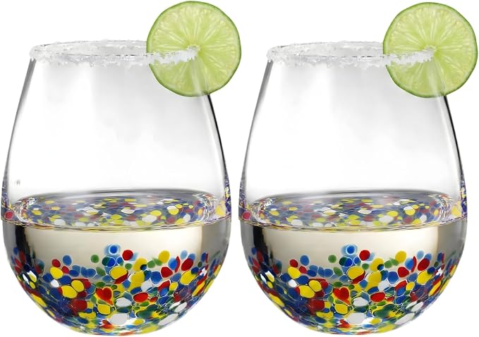 Large Stemless Wine Glasses – Set of 2-14oz Luxury Hand Blown Confetti Margaritas, Martini, Cocktails, Water, Wine, Dessert & Champagne Glasses Cinco de Mayo, Hand Blown - Mexican Confetti Glass by TheWineSavant