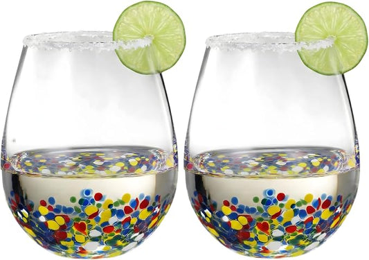 Large Stemless Wine Glasses – Set of 2-14oz Luxury Hand Blown Confetti Margaritas, Martini, Cocktails, Water, Wine, Dessert & Champagne Glasses Cinco de Mayo, Hand Blown - Mexican Confetti Glass by TheWineSavant