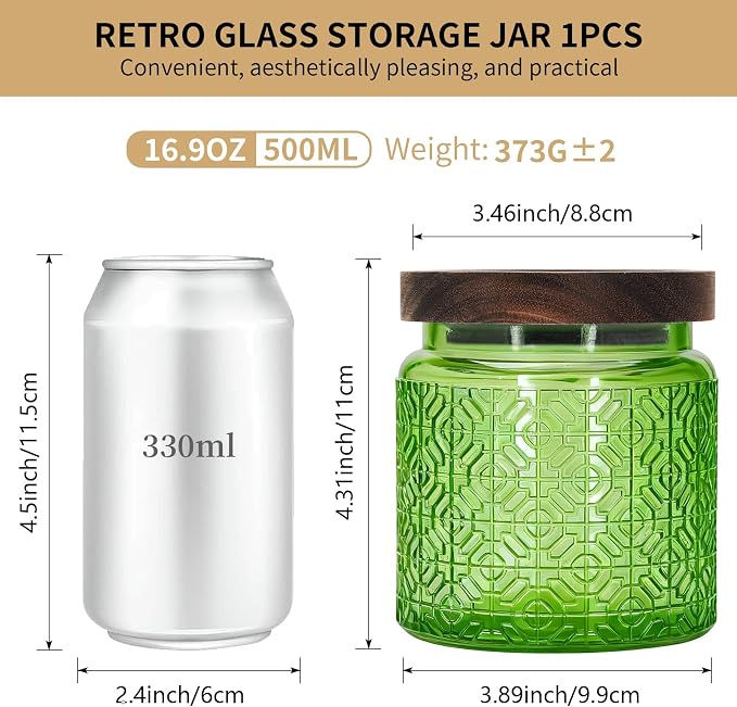 1Pc 17oz Window Style Vintage Glass Candy Jar with Solid Wood Lid, Kitchen Storage Canister for Sugar, Coffee, Tea, Cookies, Bath Salt - Decorative Mason Jar(1, Green, 17oz) - Image 2