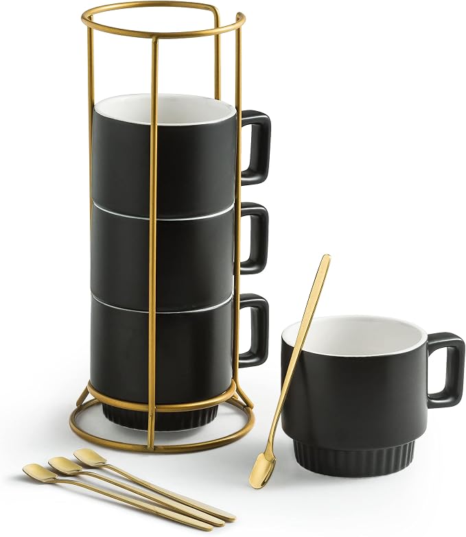 Miamolo Stackable Coffee Mugs with Stand Set of 4, Space-saving Storage | 11oz, Ceramic Latte Mugs | for Espresso Cappuccino Tea Hot Cocoa | Dishwasher & Microwave Safe | Housewarming Gift | Black by Miamolo