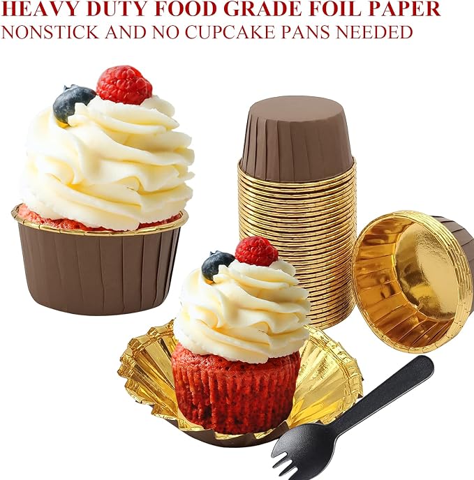5oz Foil Cupcake Cups Muffin Tins 50 Pack,LNYZQUS Cupcake Liners with Dome Lids,Disposable Ramekins Pans Tins Wrappers Holders,Large Muffin Liners Baking Cups-Brown in gold - Image 4