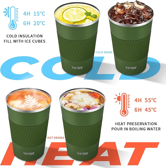 KETIEE Travel Coffee Mug 12oz: Vacuum Insulated Coffee Cup with Leakproof Lid, Coffee Tumbler, Reusable Coffee Cups, Double Wall Stainless Steel Coffee Mug to Go for Hot/Iced Water Tea (Green) - Image 3
