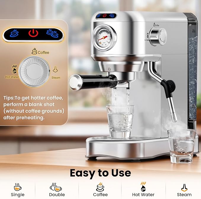 Espresso Machine 20 Bar, Compact Espresso Coffee Machine with Milk Frother, Stainless Steel Coffee Maker with 34oz Removable Water Tank, Cappuccino Machine for Home, Office, Latte (Silver) - Image 7
