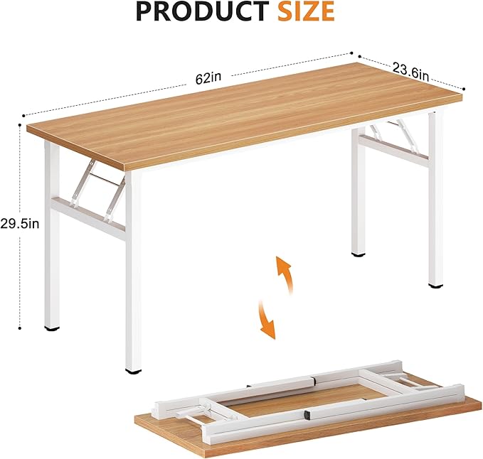DlandHome 62 Inch Large Folding Computer Desk, Fully Assembled, Teak White | Foldable Writing Table for Bedroom Dorm, Conference Table for Home Office, Wood Top Metal Frame, Collapsible Easy Storage - Image 3