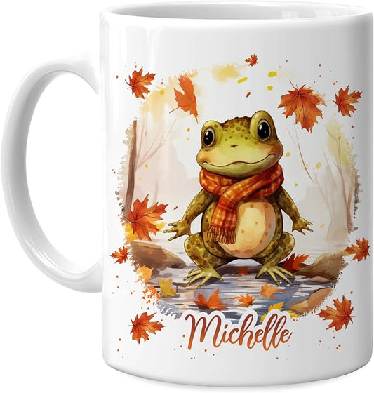 Hyturtle Personalized Fall Frog Maple Leaves Coffee Mug, Fall Autumn Décor | Birthday Gifts For Frog Lovers - Gifts For Farmhouse Thanksgiving - Custom Name 11oz White Ceramic Coffee Tea Mug by Hyturtle