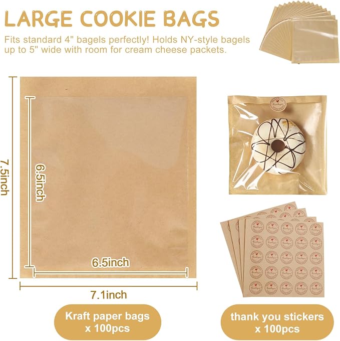 SUREHOME Paper Sandwich Bags 100 Pcs 7.1 X 7.5 In Kraft Brown Paper Bags with Window Individual Heat Seal Bakery Bag with Sticker Cookie Bag for Party Favors Snacks Treats Bread Baked Goods Packaging - Image 2