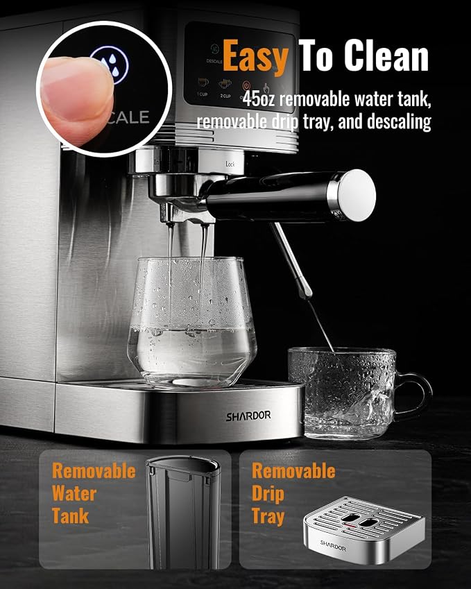 SHARDOR Espresso Machine 20 Bar, Professional Espresso Machine with Milk Frother and Touchscreen, Expresso Coffee Machines with Adjustable Temperature,for Cappuccino, Latte, Stainless Steel, Silver - Image 7