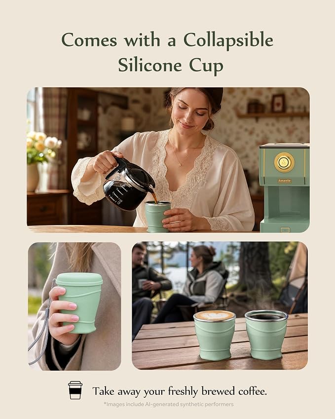 Amaste Drip Coffee Maker, Coffee Machine with 25 Oz Glass Coffee Pot, Retro Style Coffee Maker with Reusable Filter & Three Brewing Modes, Collapsible Silicone Coffee Cup,Warming Plate, Matcha Green - Image 8