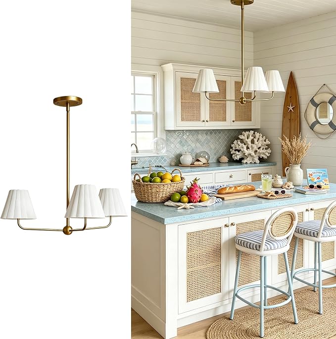 Mid-Century 3-Light Chandelier, Aged Brass & Linen | Natural Ivory Pleated Conical Shades, 120° Equal Arms, Perfect for Kitchen Island, Dining Room, Living Room by Unknown