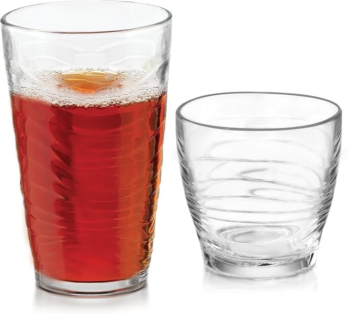 Libbey Orbita Rocks and Tumbler Drinking Glasses Set of 16, Durable Glass Cups Set with Wave Pattern, Glassware Drinking Glasses for Any Occasion by Libbey