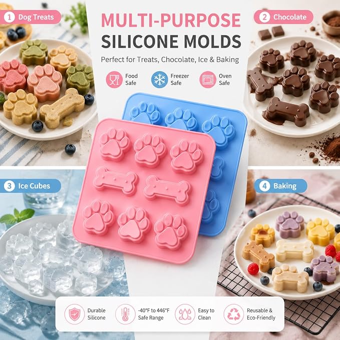 2 Pcs Dog Treat Molds Silicone with Puppy Dog Paw and Bone Shaped 2 in 1，Easy Release – Non-Stick Molds for Homemade Dog Treats, Pudding, Peanut Butter & Baking Biscuits - Image 6