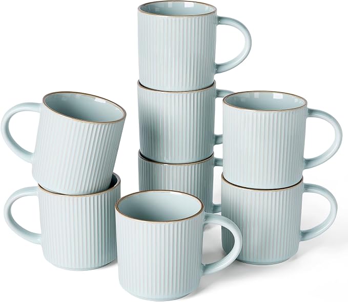 famiware Star Coffee Mug Set for 8, Handcrafted 12 oz Ceramic Stoneware Mugs Cup Set, Chip-Resistant & Stackable, Dishwasher/Microwave Safe, Light Blue by Famiware