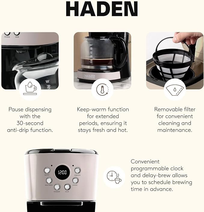 HADEN 12-Cup Programmable Coffee Maker for Home or Office, Putty & Chrome – Drip Brewer Machine with Brew Strength, Delay Brewing, Auto Shut-Off and Reusable Washable Water Filter - Image 3